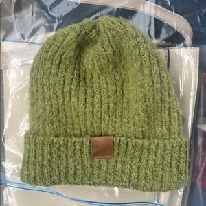 Green Knit Beanie with Brown Patch